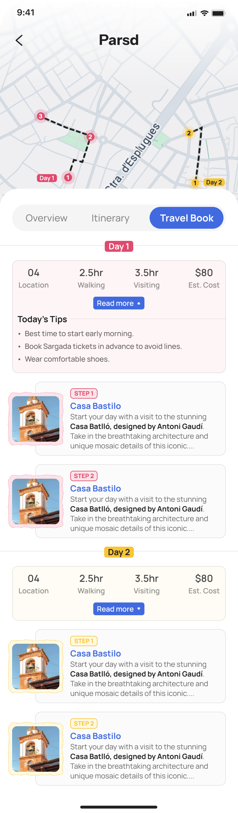 PARSD app showing a day-by-day Travel Book for a Barcelona trip
