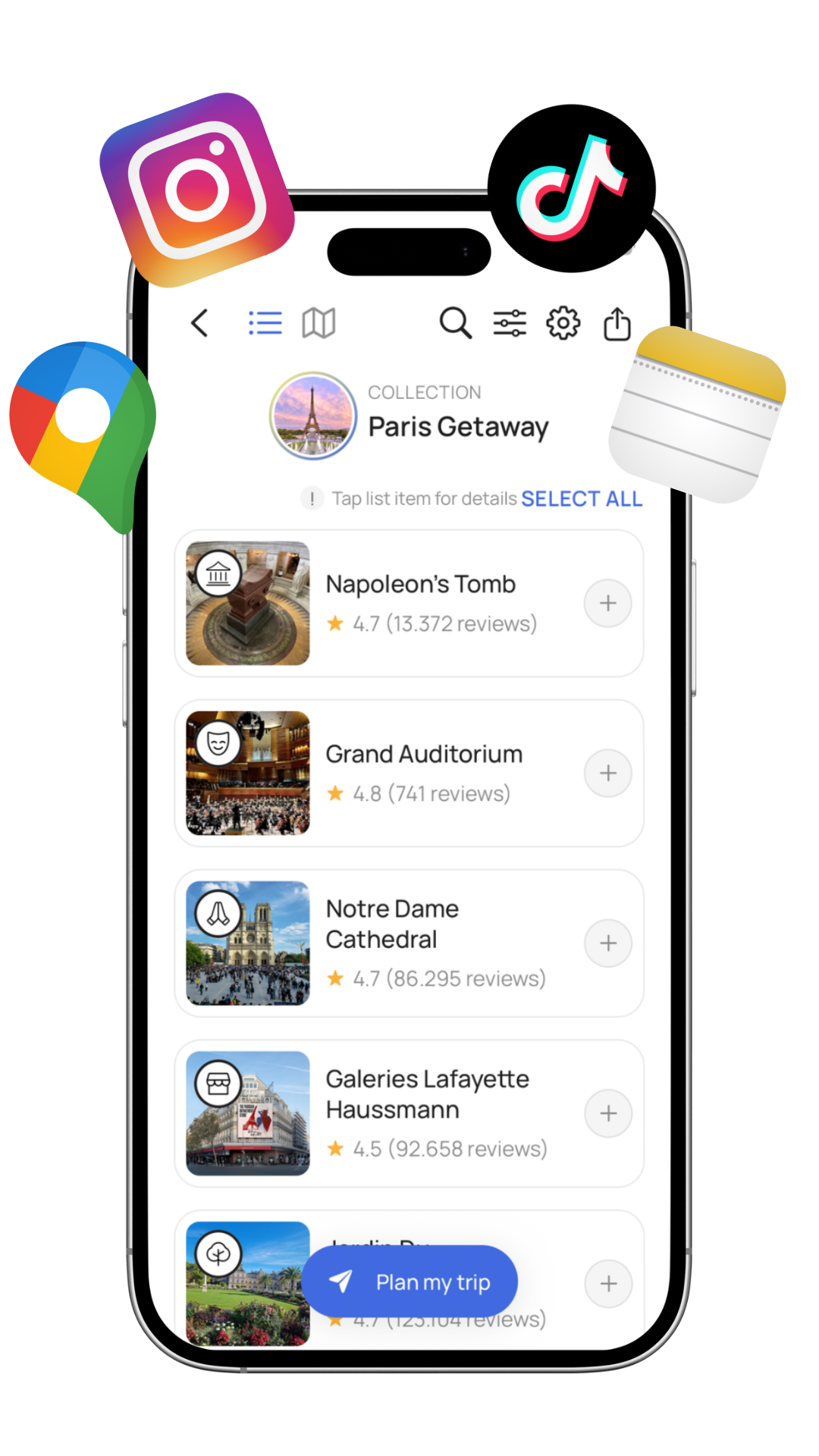 PARSD app showing a Paris travel collection with imported locations from Instagram, TikTok and Google Maps