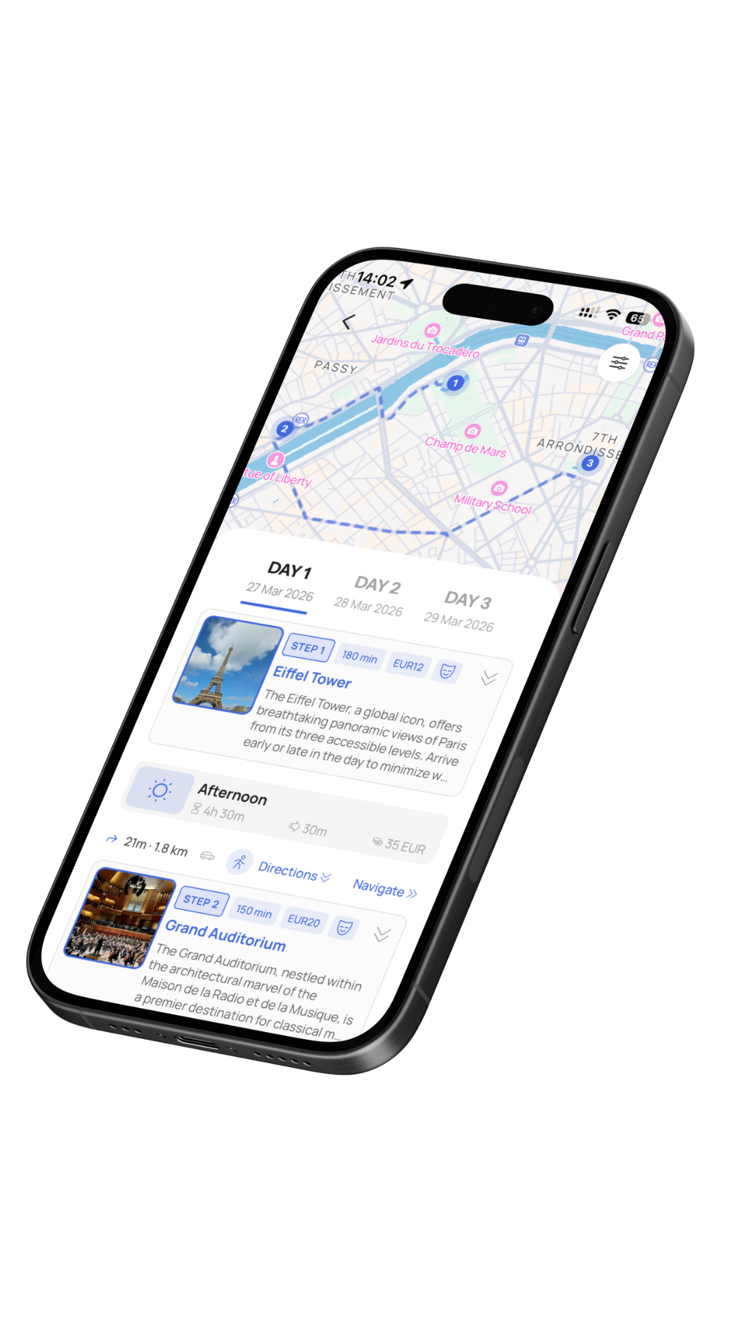 PARSD app showing a day-by-day travel itinerary with routes and timing