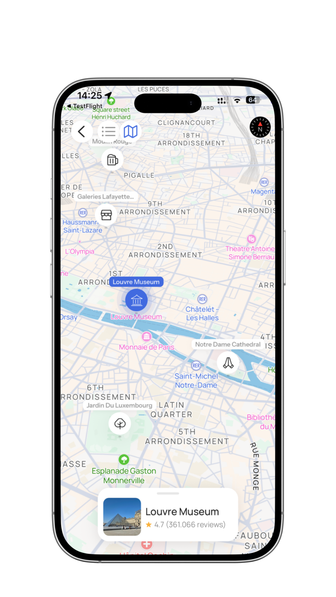 PARSD app showing an interactive map of Paris with saved locations pinned