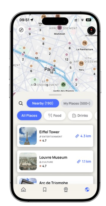 Listed app showing nearby hotspots on a real-time discovery map