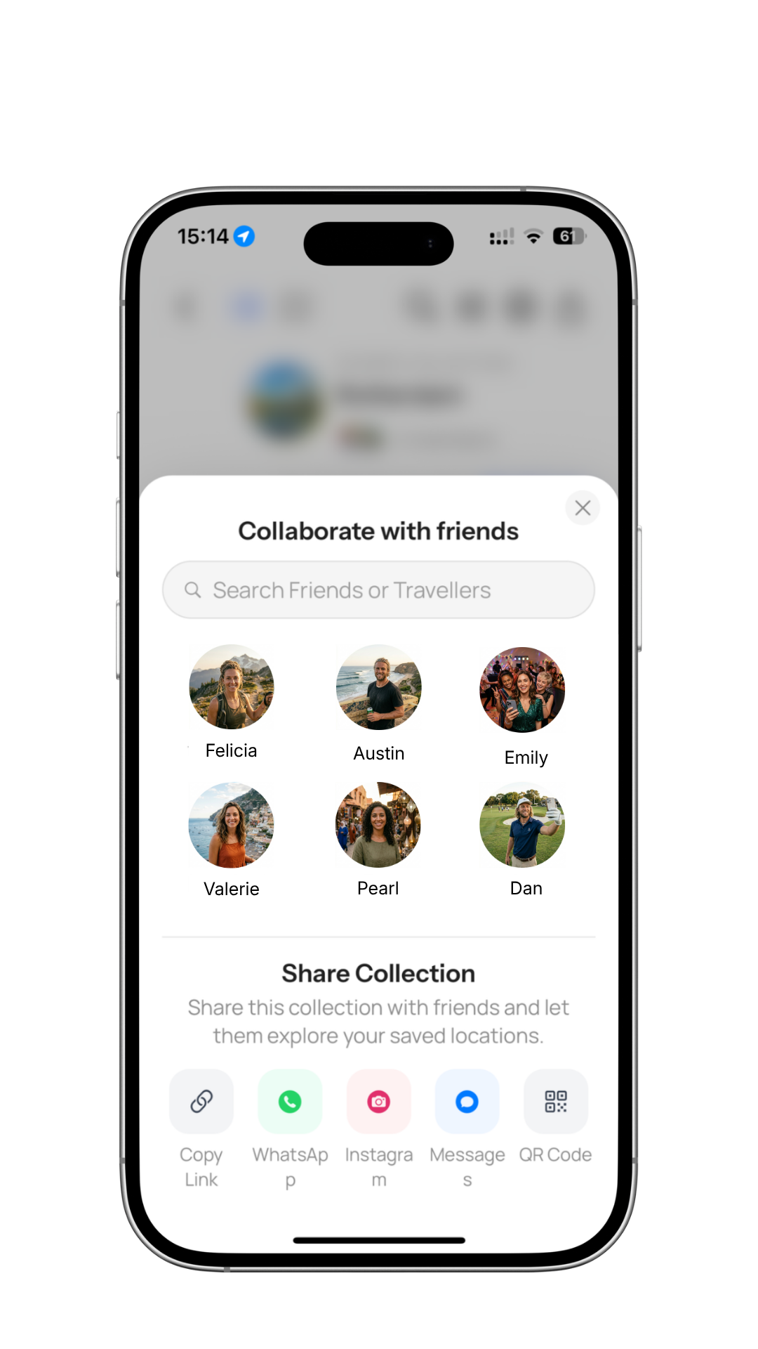 PARSD app showing collaboration features with friends list and sharing options